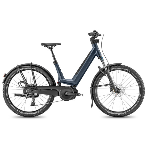 Vélo randonnée électrique Moustache Samedi 27 Xroad FS 4 bleu porte-bagages light
