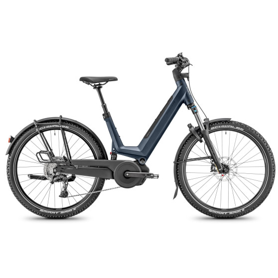 Vélo randonnée électrique Moustache Samedi 27 Xroad FS 6 bleu porte-bagages light